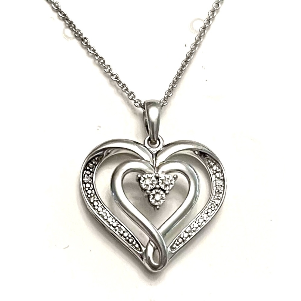 Signed JJ STERLING SILVER 925 11 Diamond Heart Pendant 18” Italy Chain Necklace - Picture 1 of 4